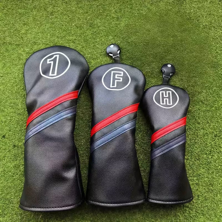 Classic Stripe Black Golf Headcover – PU Leather (Driver, Fairway, Hybrid)
