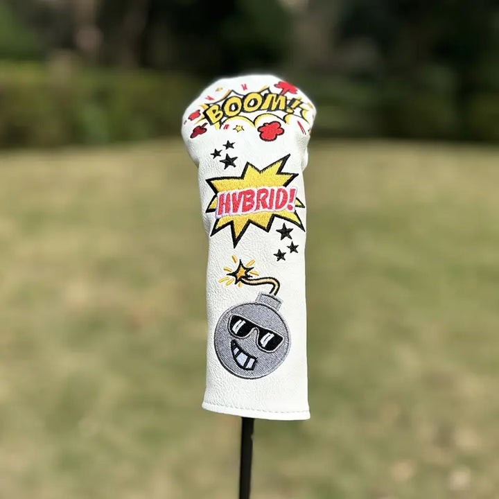 "BOOM!" Pop Art Bomb Golf Head Covers – White PU Leather (Driver, Fairway, Hybrid)