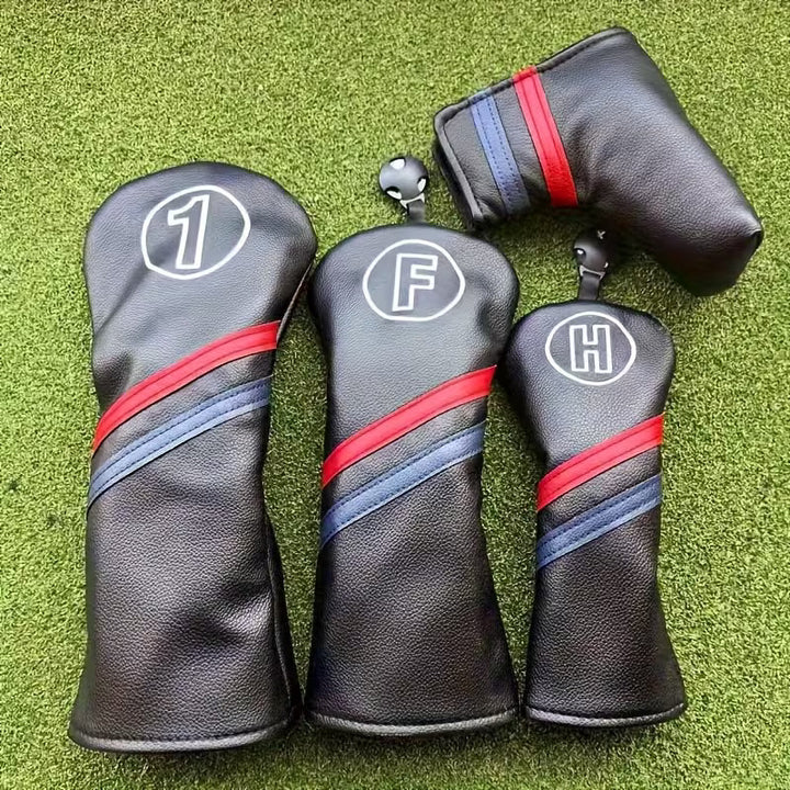 Classic Stripe Black Golf Headcover – PU Leather (Driver, Fairway, Hybrid)