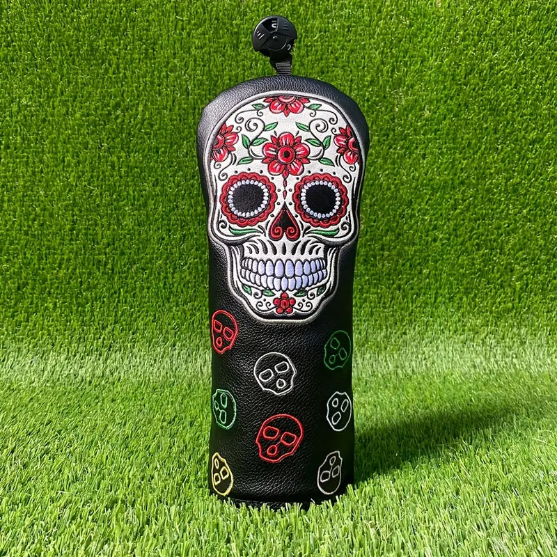 Premium Black Leather Golf Head Covers – Colorful Sugar Skull Embroidery (Driver, Fairway, Hybrid)