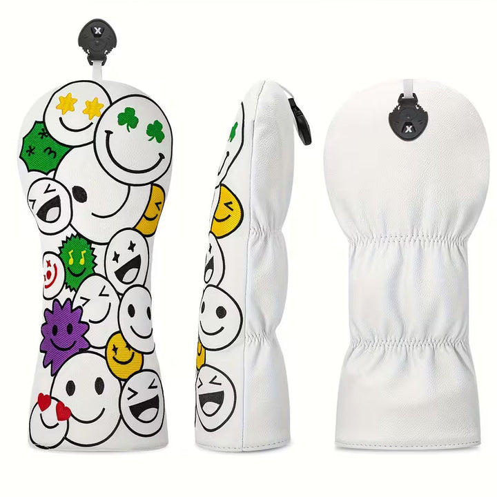 Lucky Smiley Golf Headcover – White PU Leather (Driver, Fairway, Hybrid)