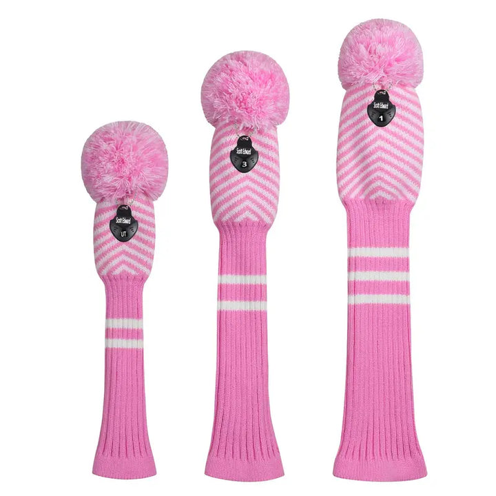 3-Piece Pink Knitted Pom Pom Golf Headcovers – Chevron Knit Set