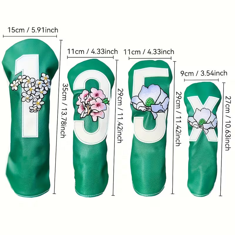 4-Piece Spring Sakura Green Golf Headcover Set – Floral PU Leather