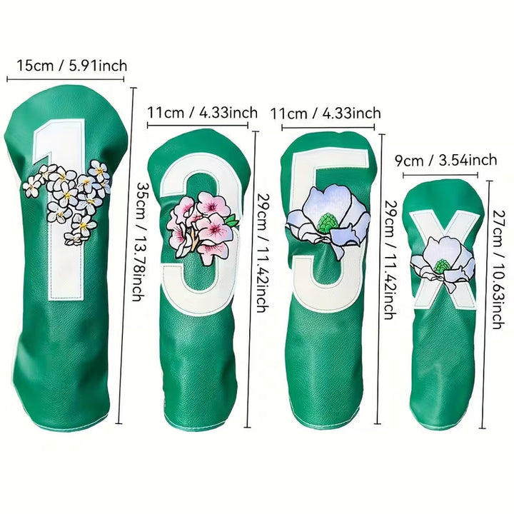 4-Piece Spring Sakura Green Golf Headcover Set – Floral PU Leather