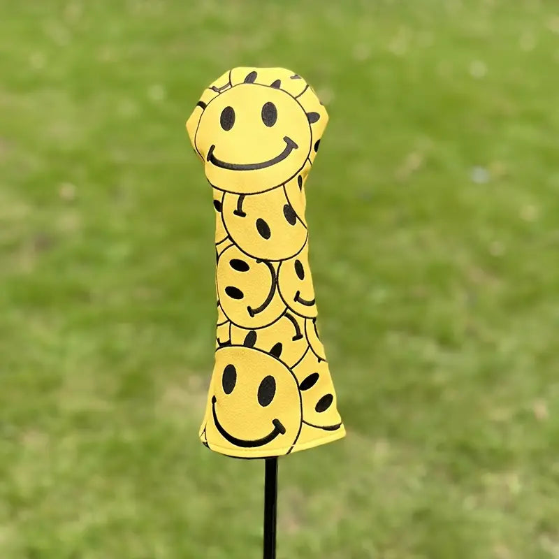 "Happy Smiles" Yellow Golf Head Covers – All-Over Smiley Face Pattern (Driver, Fairway, Hybrid)