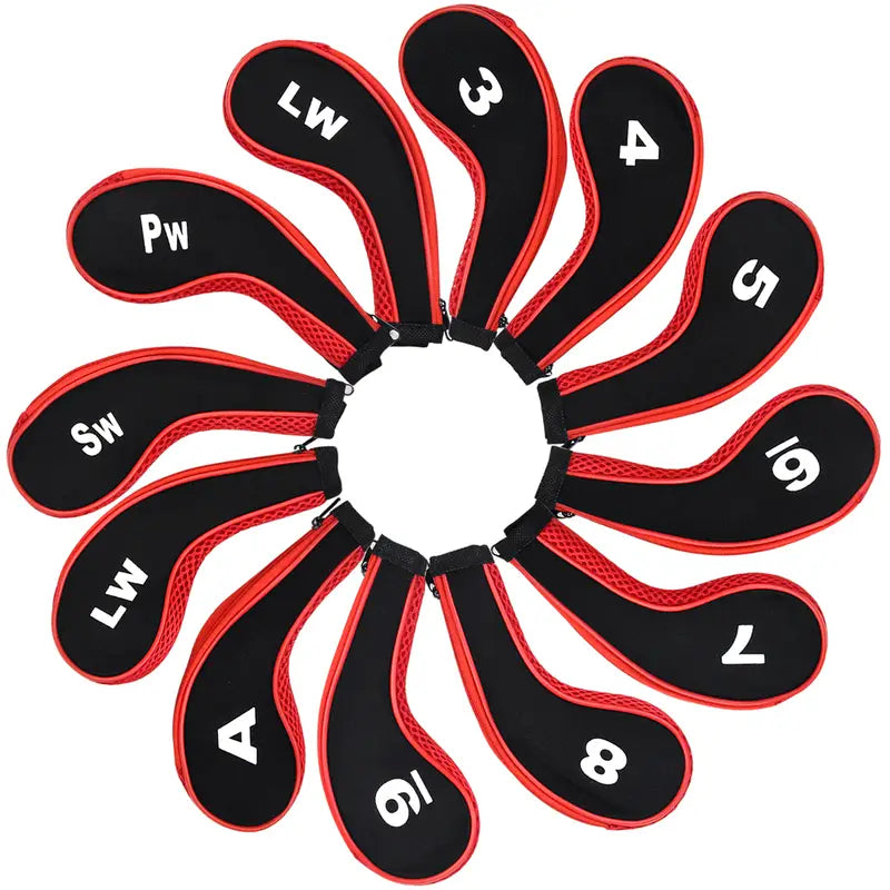 12-Piece Zippered Golf Iron Head Covers – Black & Red Mesh Set