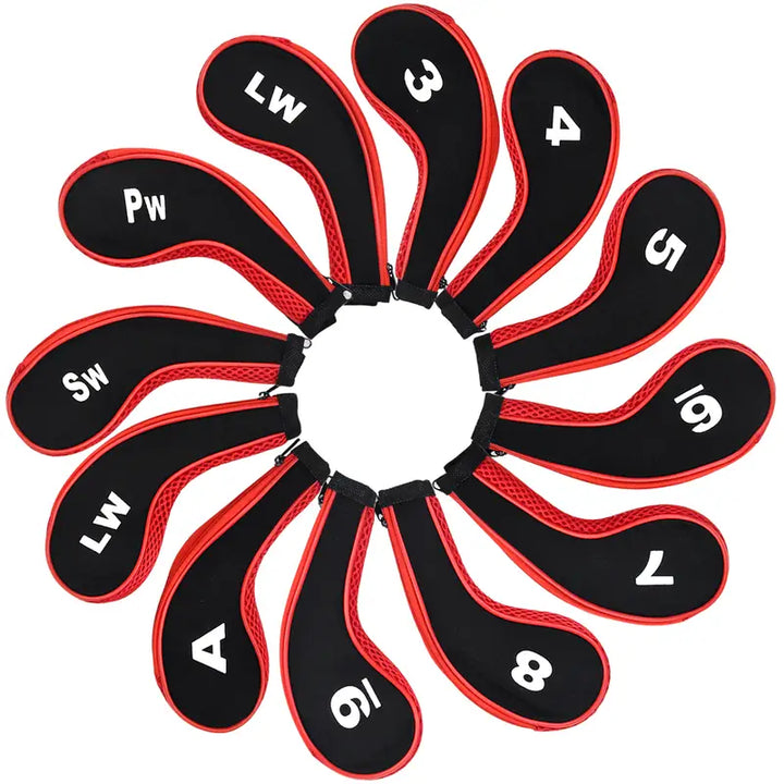 12-Piece Zippered Golf Iron Head Covers – Black & Red Mesh Set