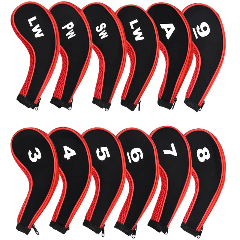 12-Piece Zippered Golf Iron Head Covers – Black & Red Mesh Set