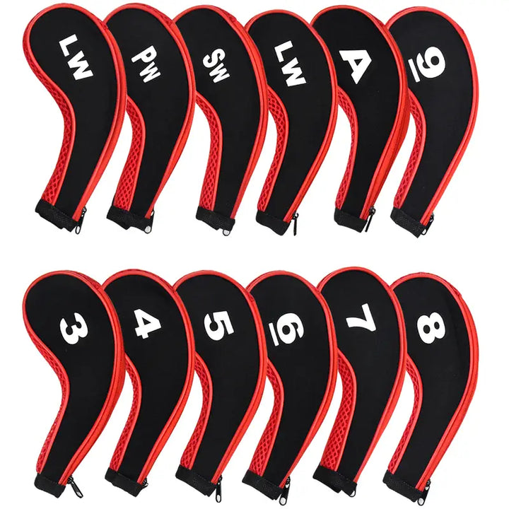 12-Piece Zippered Golf Iron Head Covers – Black & Red Mesh Set