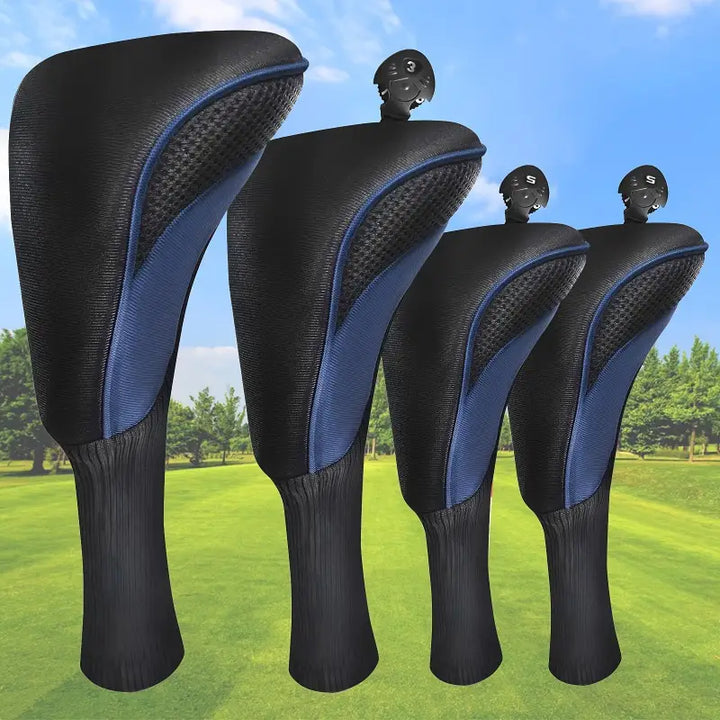 4-Piece Long-Neck Golf Headcover Set – Driver, Fairway & Hybrid Woods