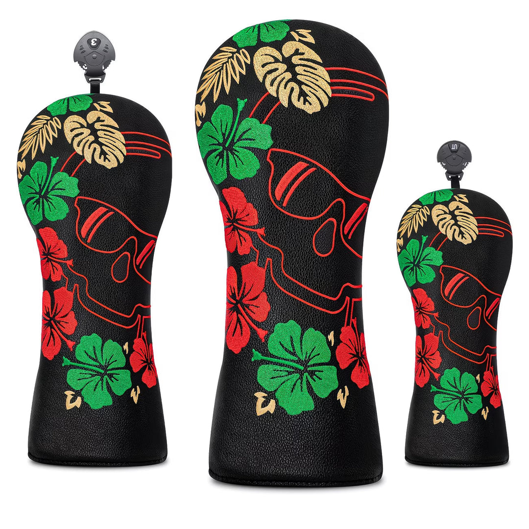Tropical Skull Golf Headcover – Black PU Leather with Hibiscus Embroidery
