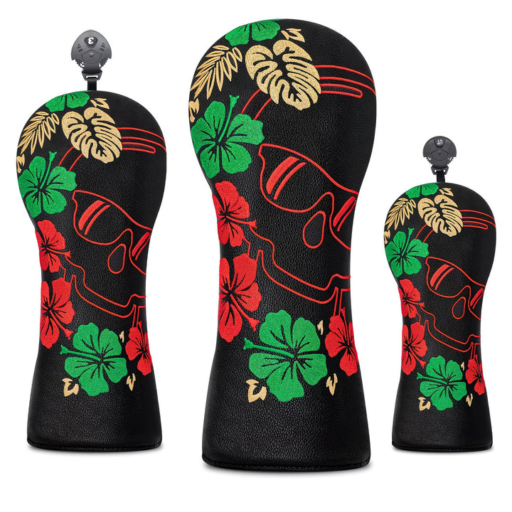 Tropical Skull Golf Headcover – Black PU Leather with Hibiscus Embroidery