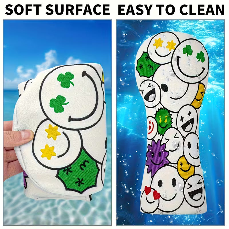 Lucky Smiley Golf Headcover – White PU Leather (Driver, Fairway, Hybrid)