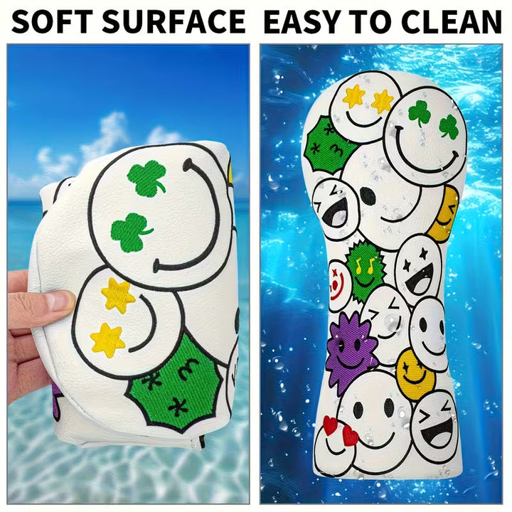 Lucky Smiley Golf Headcover – White PU Leather (Driver, Fairway, Hybrid)