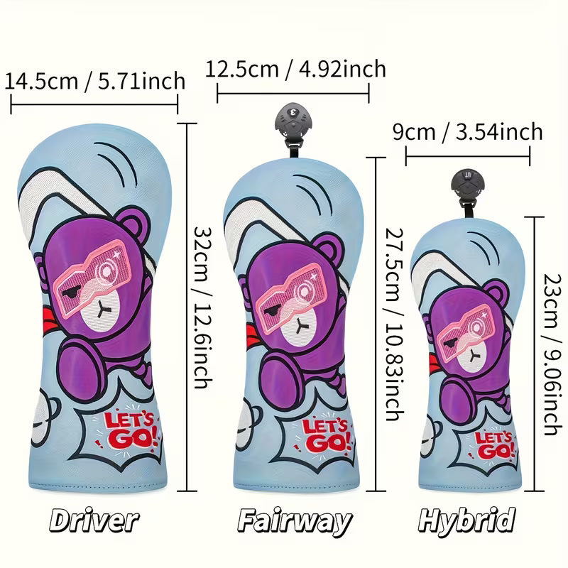 Cartoon Bear Golf Headcover – Light Blue PU Leather (Driver, Fairway, Hybrid)