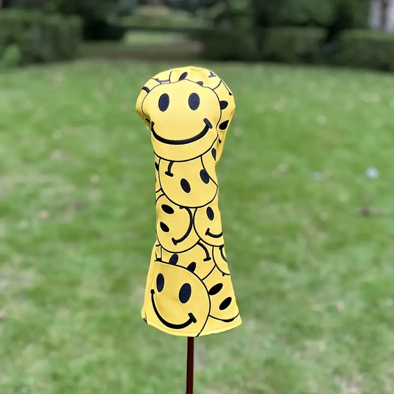 "Happy Smiles" Yellow Golf Head Covers – All-Over Smiley Face Pattern (Driver, Fairway, Hybrid)