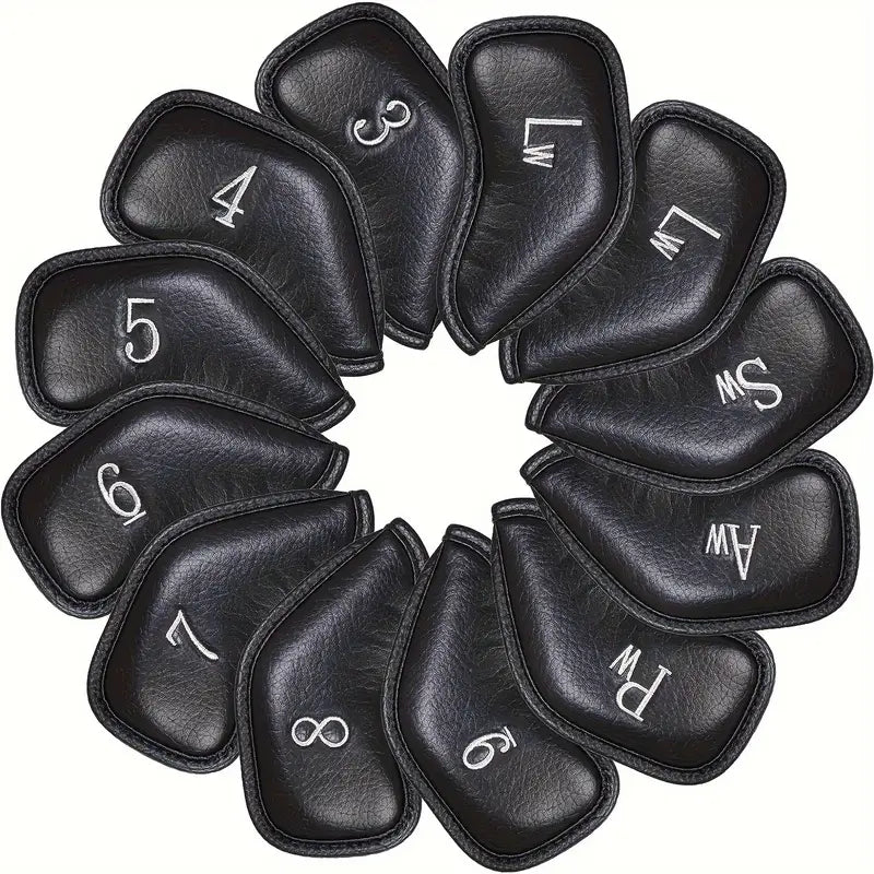 12-Piece Black Golf Iron Head Covers – PU Leather with Velcro Closure