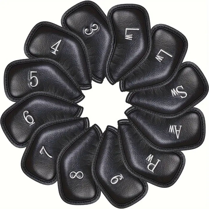12-Piece Black Golf Iron Head Covers – PU Leather with Velcro Closure