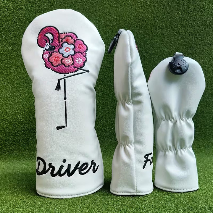 Floral Flamingo Golf Headcovers – White PU Leather (Driver, Fairway, Hybrid)