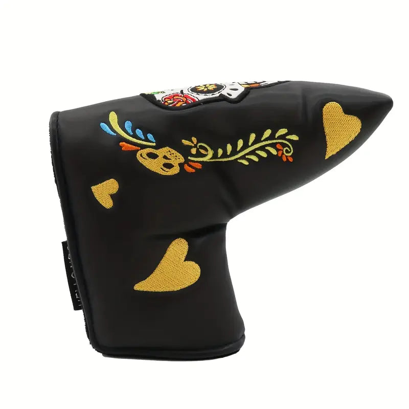 Sugar Skull Blade Putter Cover – Black & White Embroidered Leather