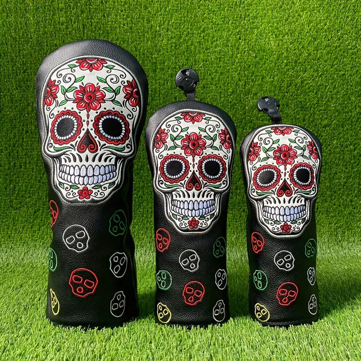 Premium Black Leather Golf Head Covers – Colorful Sugar Skull Embroidery (Driver, Fairway, Hybrid)
