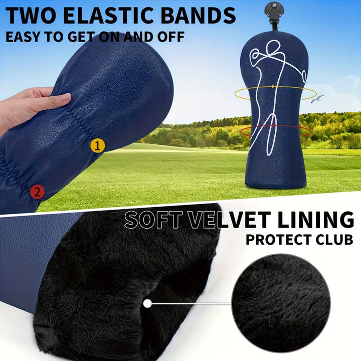 Navy Blue Golf Headcover – Golfer in Motion Line Art PU Leather