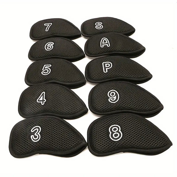 10-Piece Black Mesh Golf Iron Head Covers – Breathable Set (3-9, P, A, S)