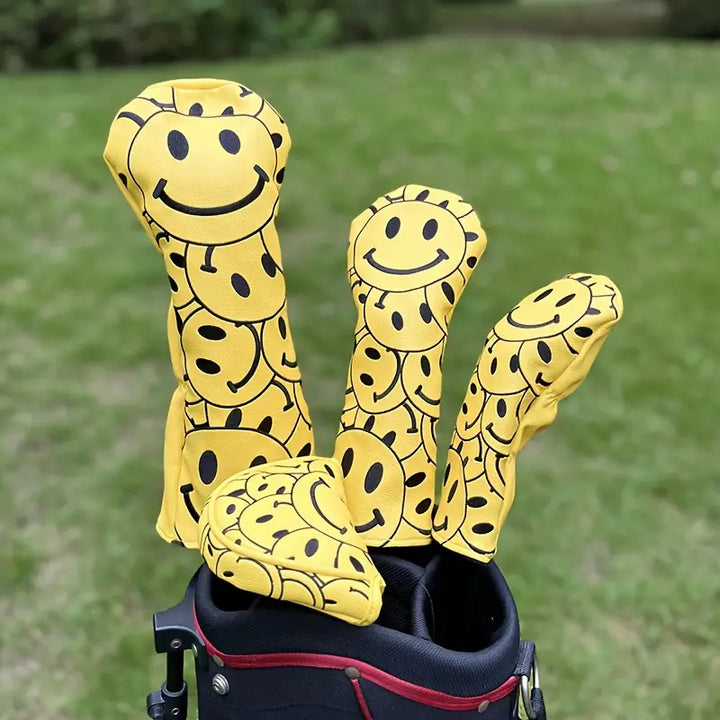 "Happy Smiles" Yellow Golf Head Covers – All-Over Smiley Face Pattern (Driver, Fairway, Hybrid)