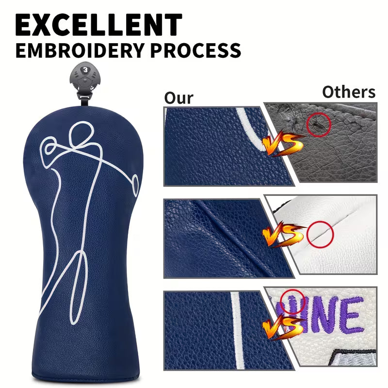 Navy Blue Golf Headcover – Golfer in Motion Line Art PU Leather