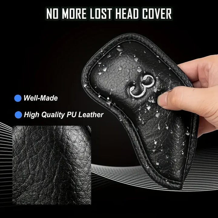 12-Piece Black Golf Iron Head Covers – PU Leather with Velcro Closure