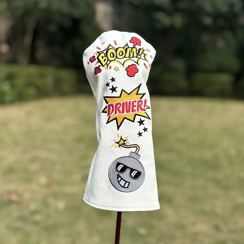 "BOOM!" Pop Art Bomb Golf Head Covers – White PU Leather (Driver, Fairway, Hybrid)