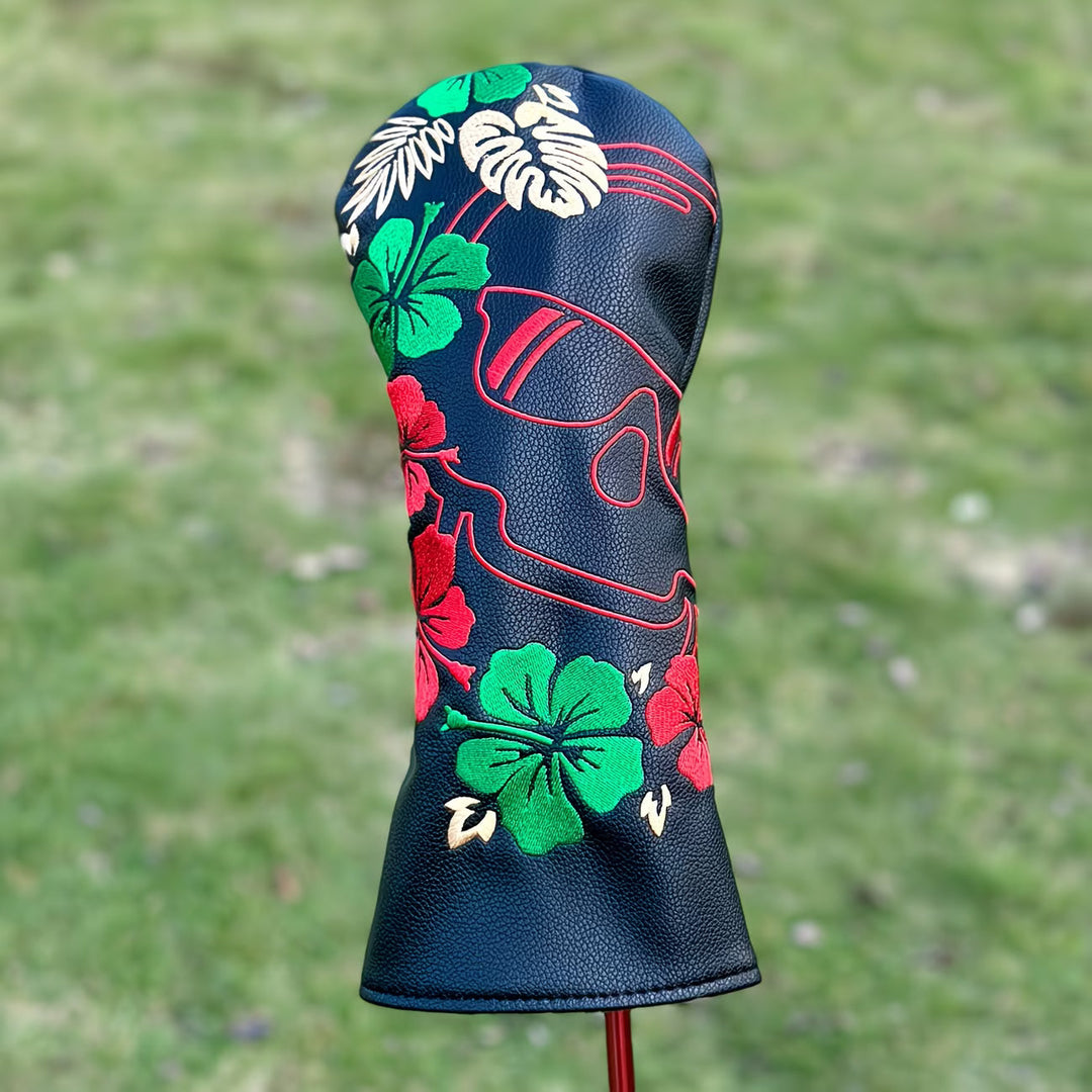 Tropical Skull Golf Headcover – Black PU Leather with Hibiscus Embroidery