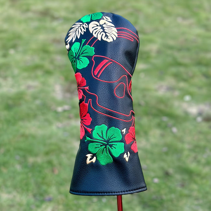 Tropical Skull Golf Headcover – Black PU Leather with Hibiscus Embroidery