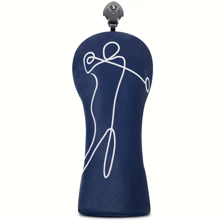Navy Blue Golf Headcover – Golfer in Motion Line Art PU Leather