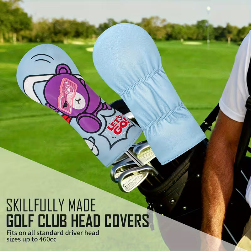 Cartoon Bear Golf Headcover – Light Blue PU Leather (Driver, Fairway, Hybrid)