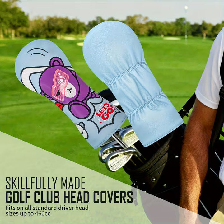 Cartoon Bear Golf Headcover – Light Blue PU Leather (Driver, Fairway, Hybrid)