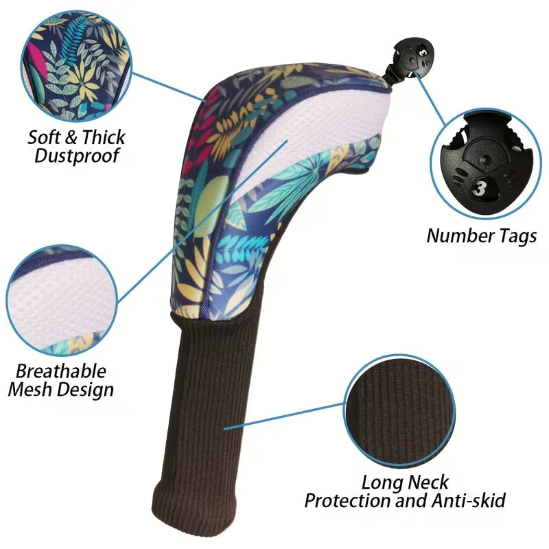 4-Piece Tropical Print Golf Headcover Set – Driver, Fairway & 2 Hybrids