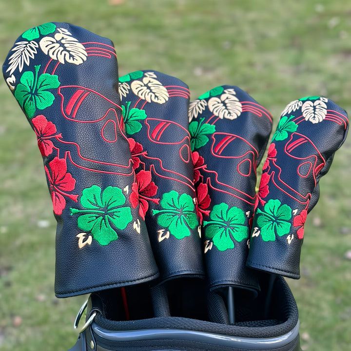 Tropical Skull Golf Headcover – Black PU Leather with Hibiscus Embroidery