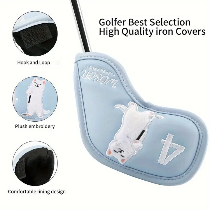 9-Piece Stuffed Cat Golf Iron Head Covers – Pastel PU Leather