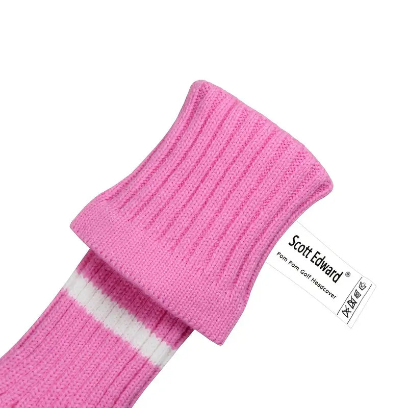 3-Piece Pink Knitted Pom Pom Golf Headcovers – Chevron Knit Set