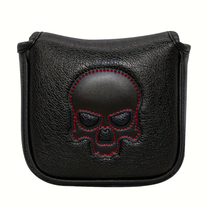 Premium Black Leather Mallet Putter Cover – Embroidered Skull Design with Magnetic Closure