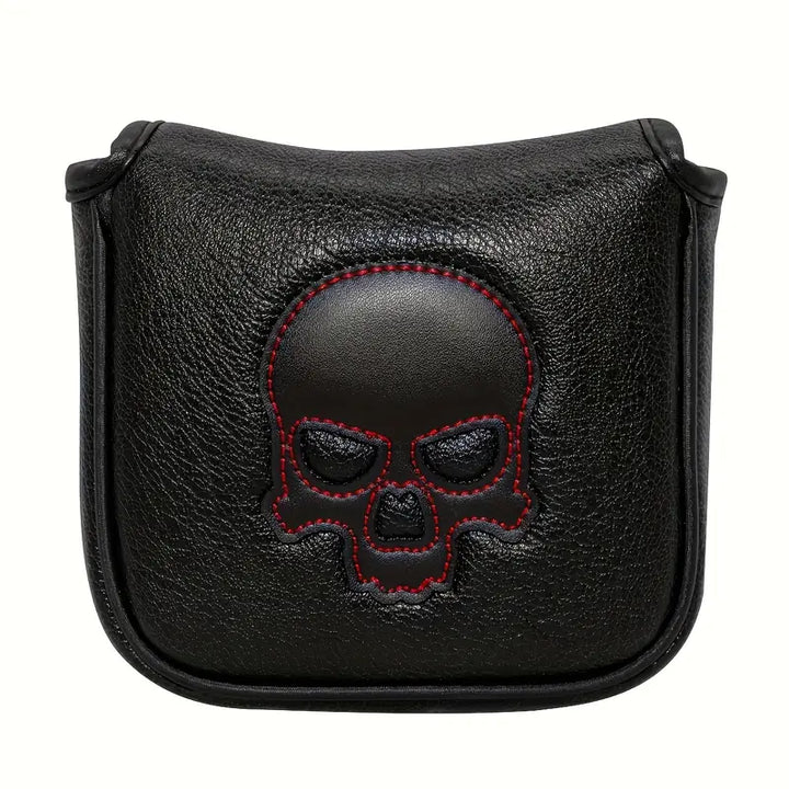 Premium Black Leather Mallet Putter Cover – Embroidered Skull Design with Magnetic Closure