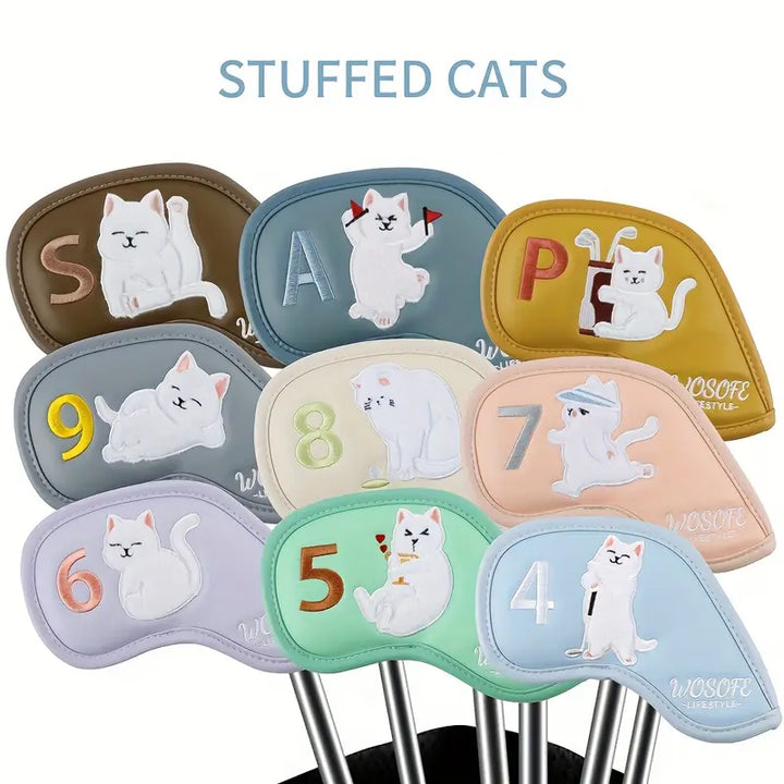 9-Piece Stuffed Cat Golf Iron Head Covers – Pastel PU Leather