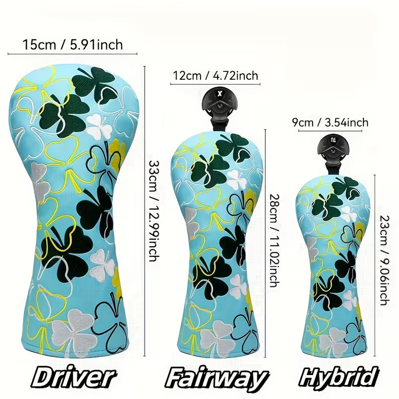 Lucky Clover Golf Headcover – Light Blue PU Leather (Driver, Fairway, Hybrid)