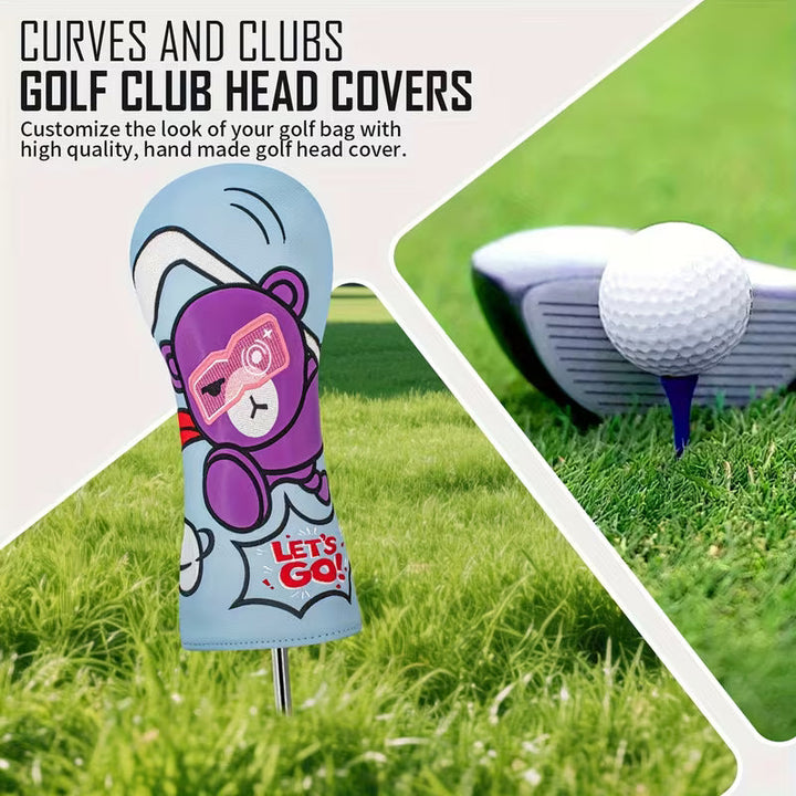 Cartoon Bear Golf Headcover – Light Blue PU Leather (Driver, Fairway, Hybrid)