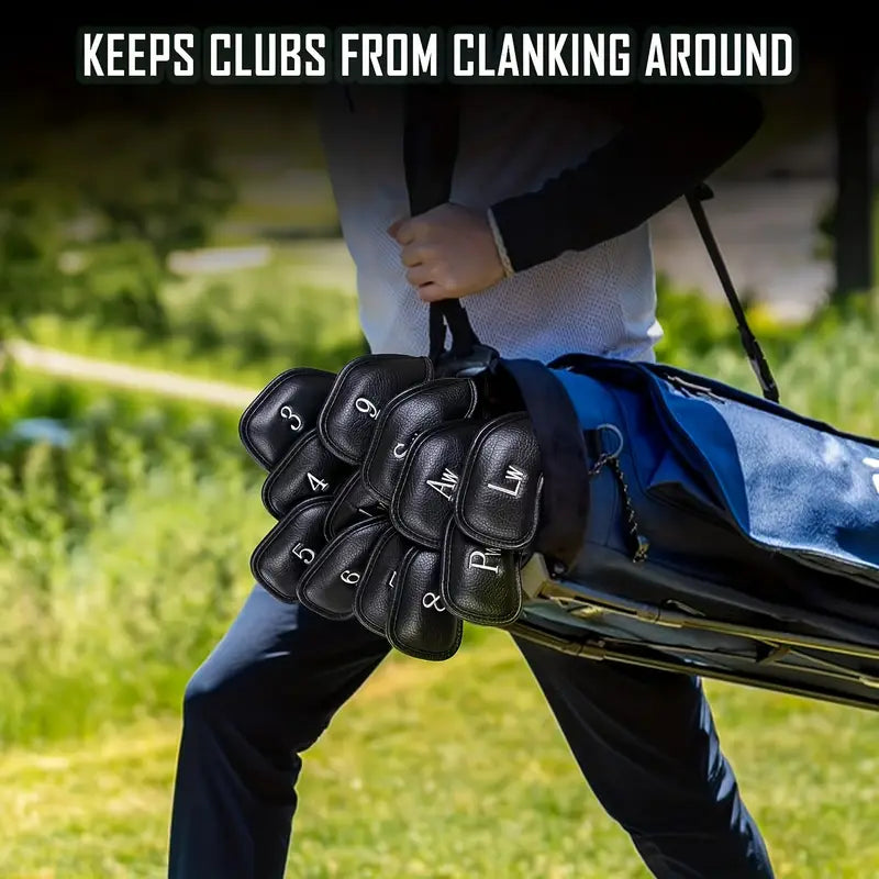 12-Piece Black Golf Iron Head Covers – PU Leather with Velcro Closure