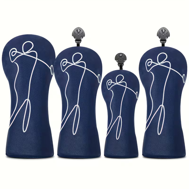 Navy Blue Golf Headcover – Golfer in Motion Line Art PU Leather