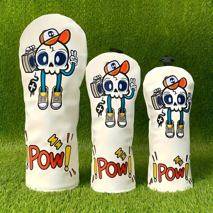 Street Style Cartoon Skull Golf Headcovers – White PU Leather