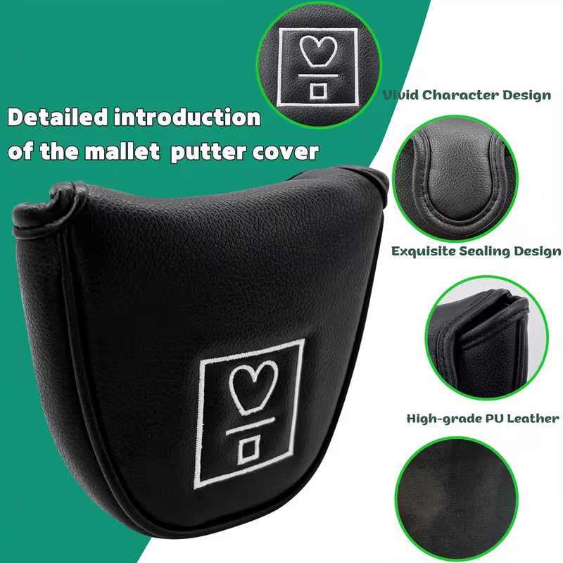 Black Mallet Putter Headcover – Heart Icon PU Leather with Plush Lining