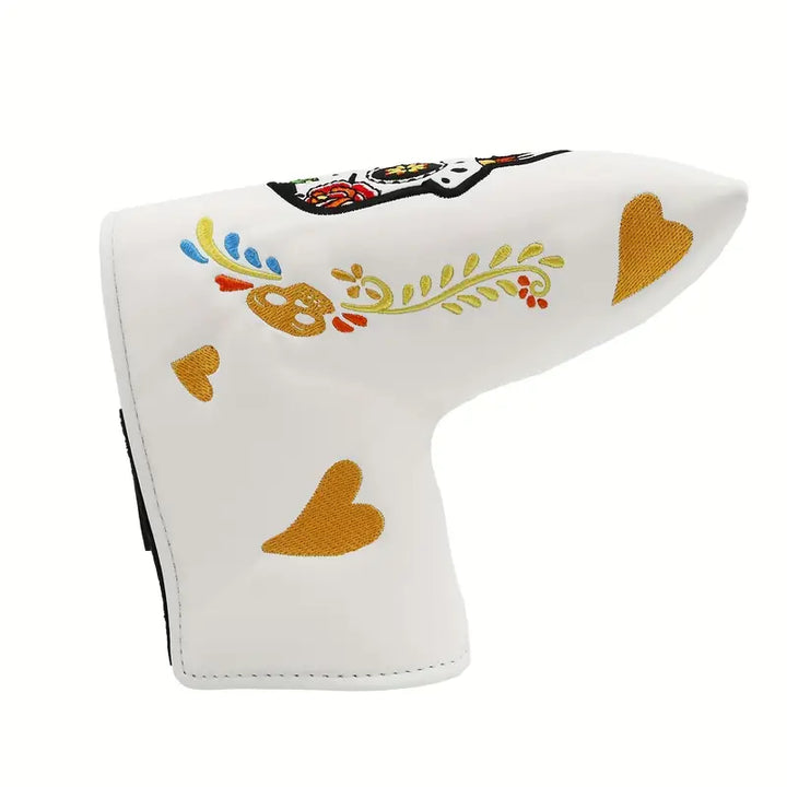 Sugar Skull Blade Putter Cover – Black & White Embroidered Leather